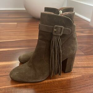 AQUAZURRA FRINGE GREEN SUEDE HEELED BOOTIES SIZE 38